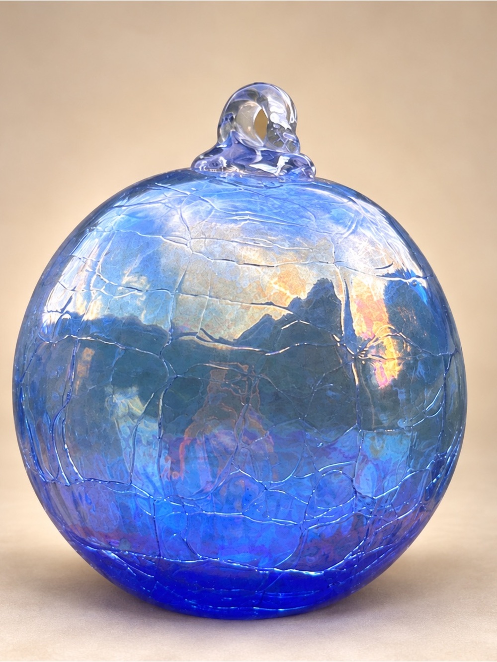 4” Iridescent Blue Crackle Blown Art Glass Witch Ball Friendship Ball Orb